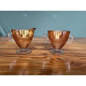 2-PC Stunning Vintage‎ Marigold Carnival Glass Creamer Pitcher & Sugar Bowl